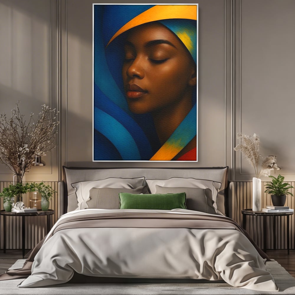 Leinwand Wandkunst Canvas Premium, LuxCanva® G1134, Unter den Augenlidern des Mondes, Tiefe, Schlaf, Stille, Frieden, Frieden, Meditation, Gelassenheit, bildlich, Traum, Blau, Orange, Geheimnis, Büro, Wohnen