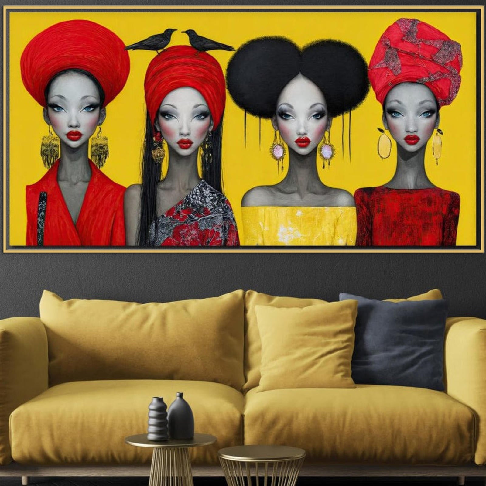 Tablou Canvas Premium, LuxCanva® G1135, Patru Regine si un Cantec, Regalitate, Femei, Pasari, Turbane, Zbor, Traditie, Cultura, Identitate, Feminism, Forta, Birou, Living