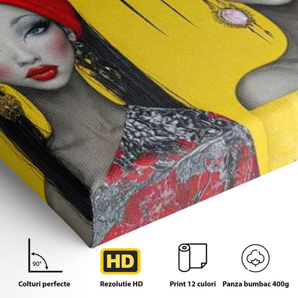 Tablou Canvas Premium, LuxCanva® G1135, Patru Regine si un Cantec, Regalitate, Femei, Pasari, Turbane, Zbor, Traditie, Cultura, Identitate, Feminism, Forta, Birou, Living
