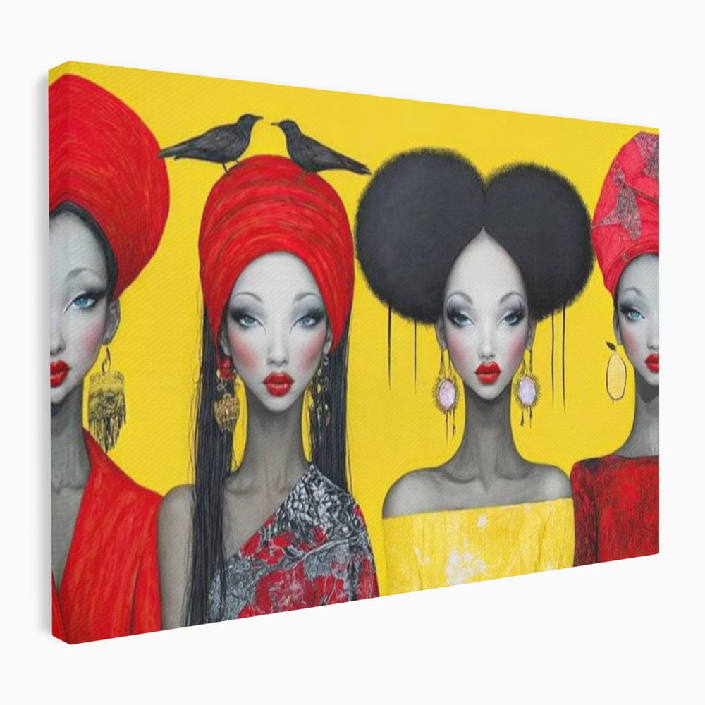Tablou Canvas Premium, LuxCanva® G1135, Patru Regine si un Cantec, Regalitate, Femei, Pasari, Turbane, Zbor, Traditie, Cultura, Identitate, Feminism, Forta, Birou, Living