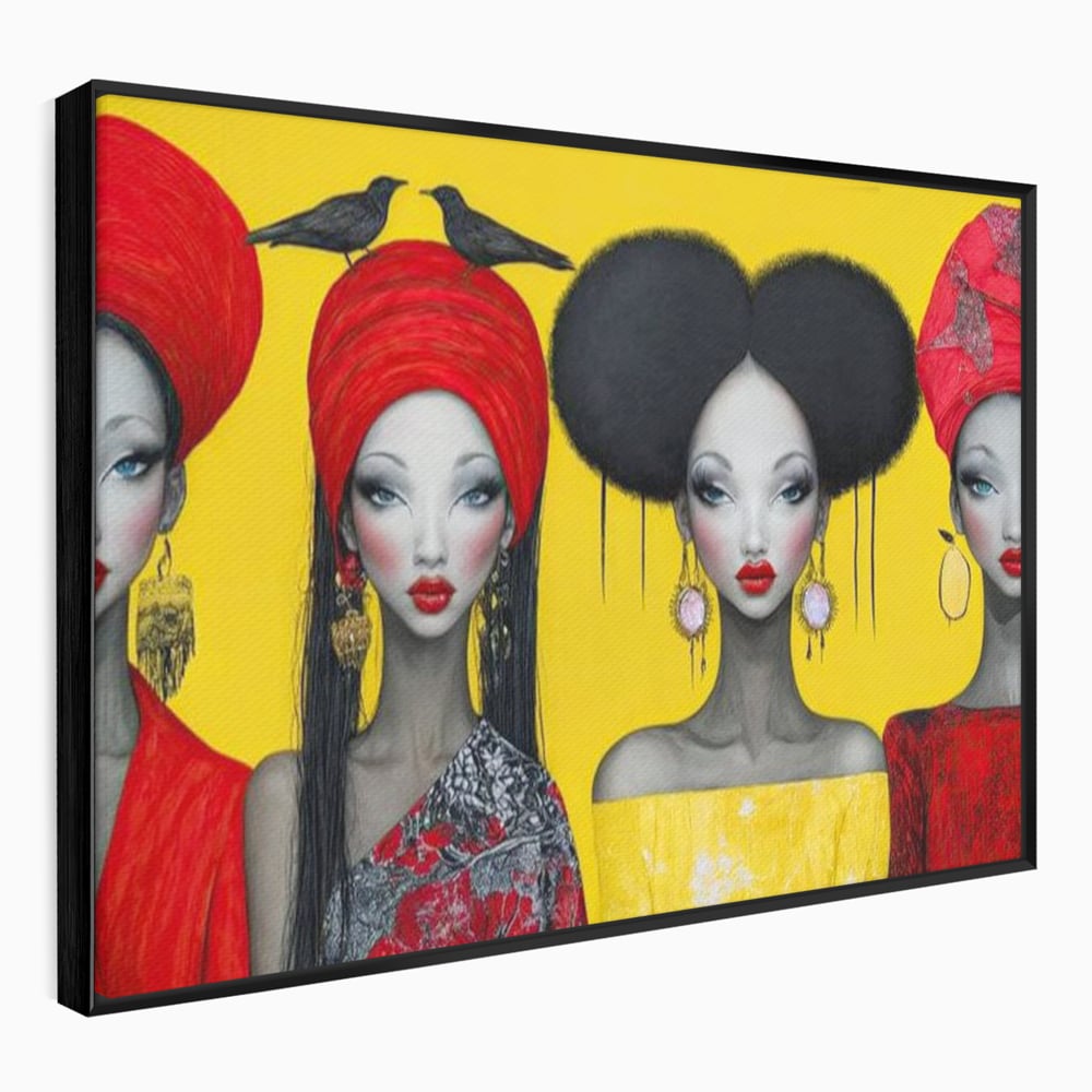 Tablou Canvas Premium, LuxCanva® G1135, Patru Regine si un Cantec, Regalitate, Femei, Pasari, Turbane, Zbor, Traditie, Cultura, Identitate, Feminism, Forta, Birou, Living