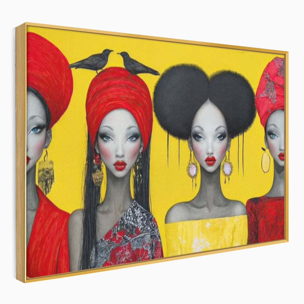 Tablou Canvas Premium, LuxCanva® G1135, Patru Regine si un Cantec, Regalitate, Femei, Pasari, Turbane, Zbor, Traditie, Cultura, Identitate, Feminism, Forta, Birou, Living