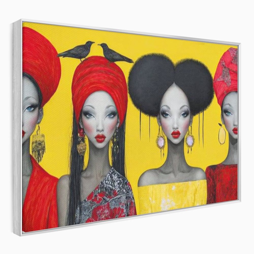 Tablou Canvas Premium, LuxCanva® G1135, Patru Regine si un Cantec, Regalitate, Femei, Pasari, Turbane, Zbor, Traditie, Cultura, Identitate, Feminism, Forta, Birou, Living