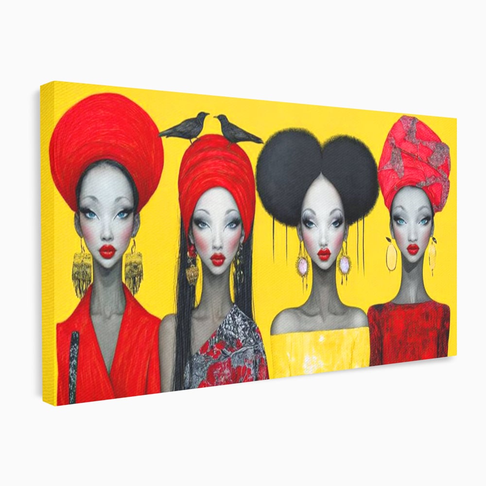 Tablou Canvas Premium, LuxCanva® G1135, Patru Regine si un Cantec, Regalitate, Femei, Pasari, Turbane, Zbor, Traditie, Cultura, Identitate, Feminism, Forta, Birou, Living