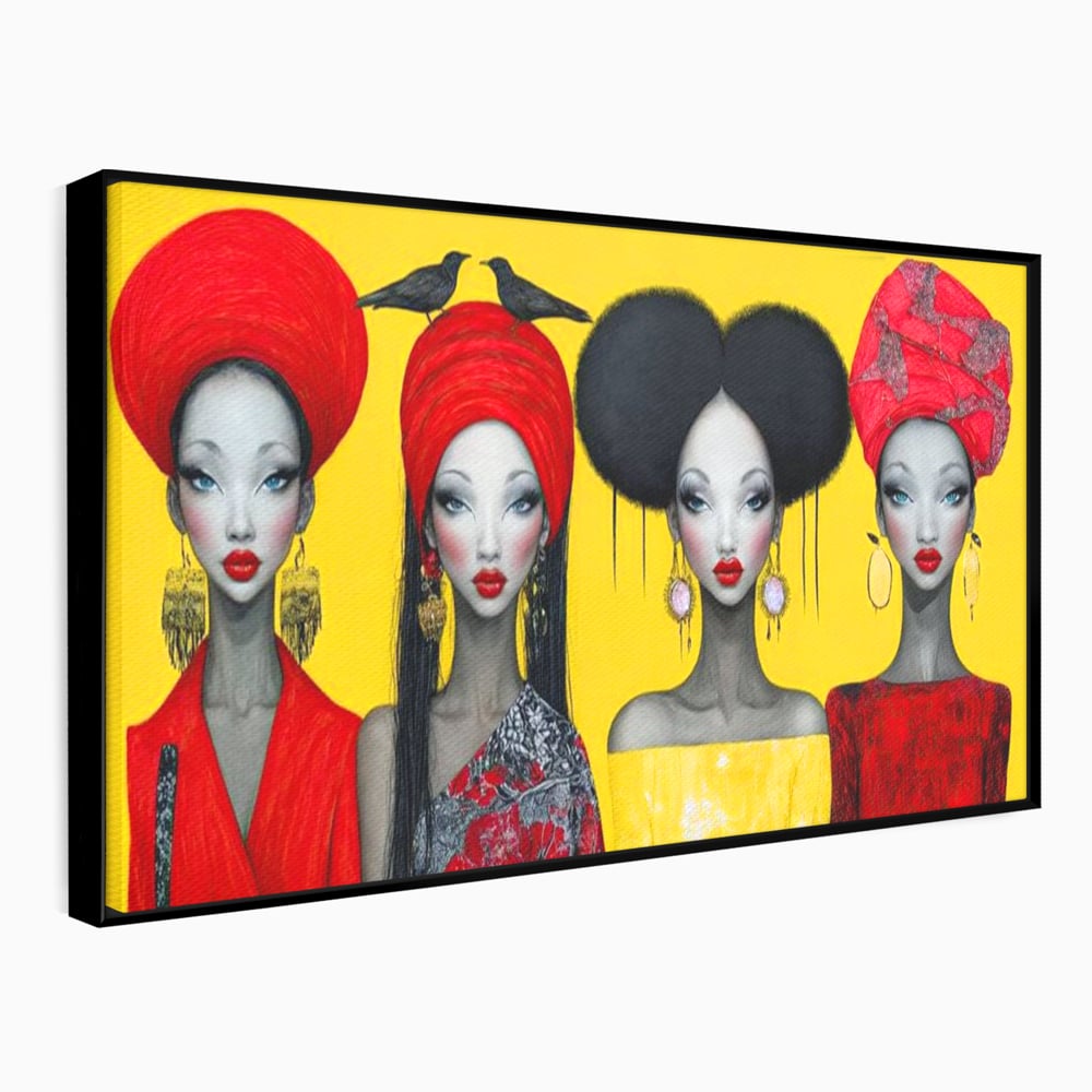 Tablou Canvas Premium, LuxCanva® G1135, Patru Regine si un Cantec, Regalitate, Femei, Pasari, Turbane, Zbor, Traditie, Cultura, Identitate, Feminism, Forta, Birou, Living