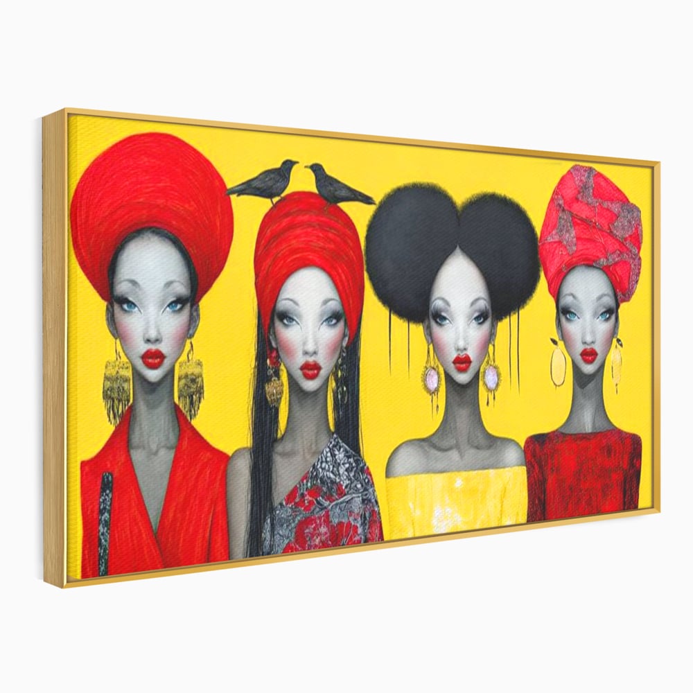 Tablou Canvas Premium, LuxCanva® G1135, Patru Regine si un Cantec, Regalitate, Femei, Pasari, Turbane, Zbor, Traditie, Cultura, Identitate, Feminism, Forta, Birou, Living