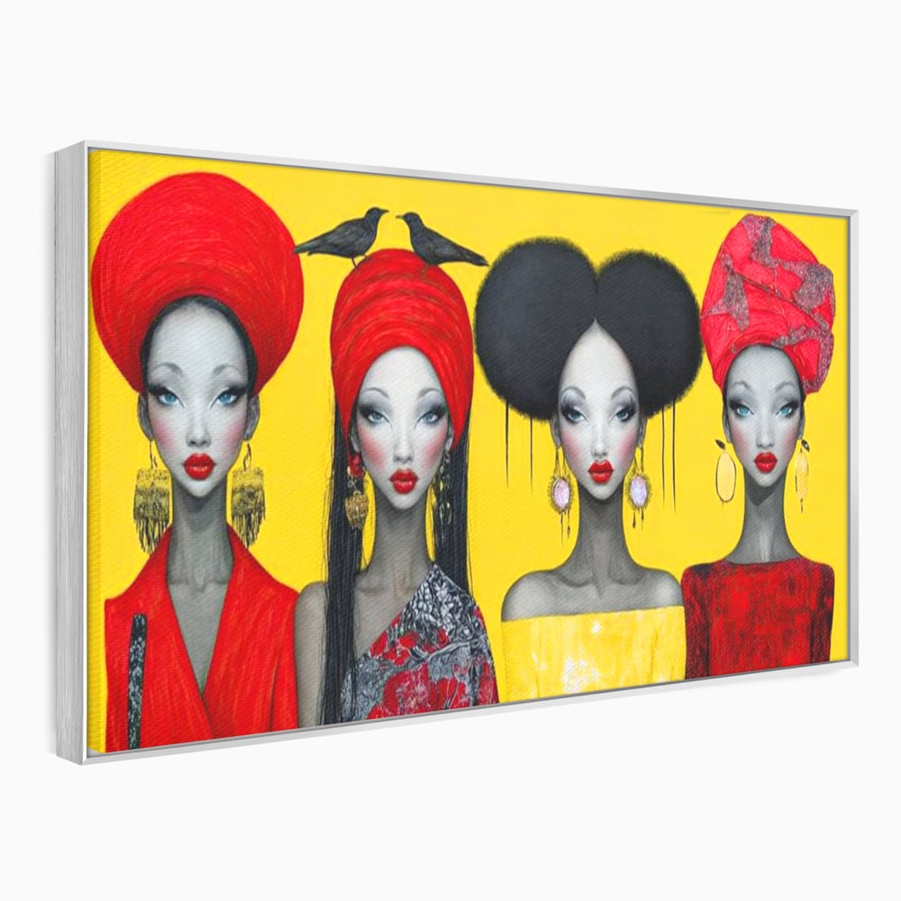 Tablou Canvas Premium, LuxCanva® G1135, Patru Regine si un Cantec, Regalitate, Femei, Pasari, Turbane, Zbor, Traditie, Cultura, Identitate, Feminism, Forta, Birou, Living