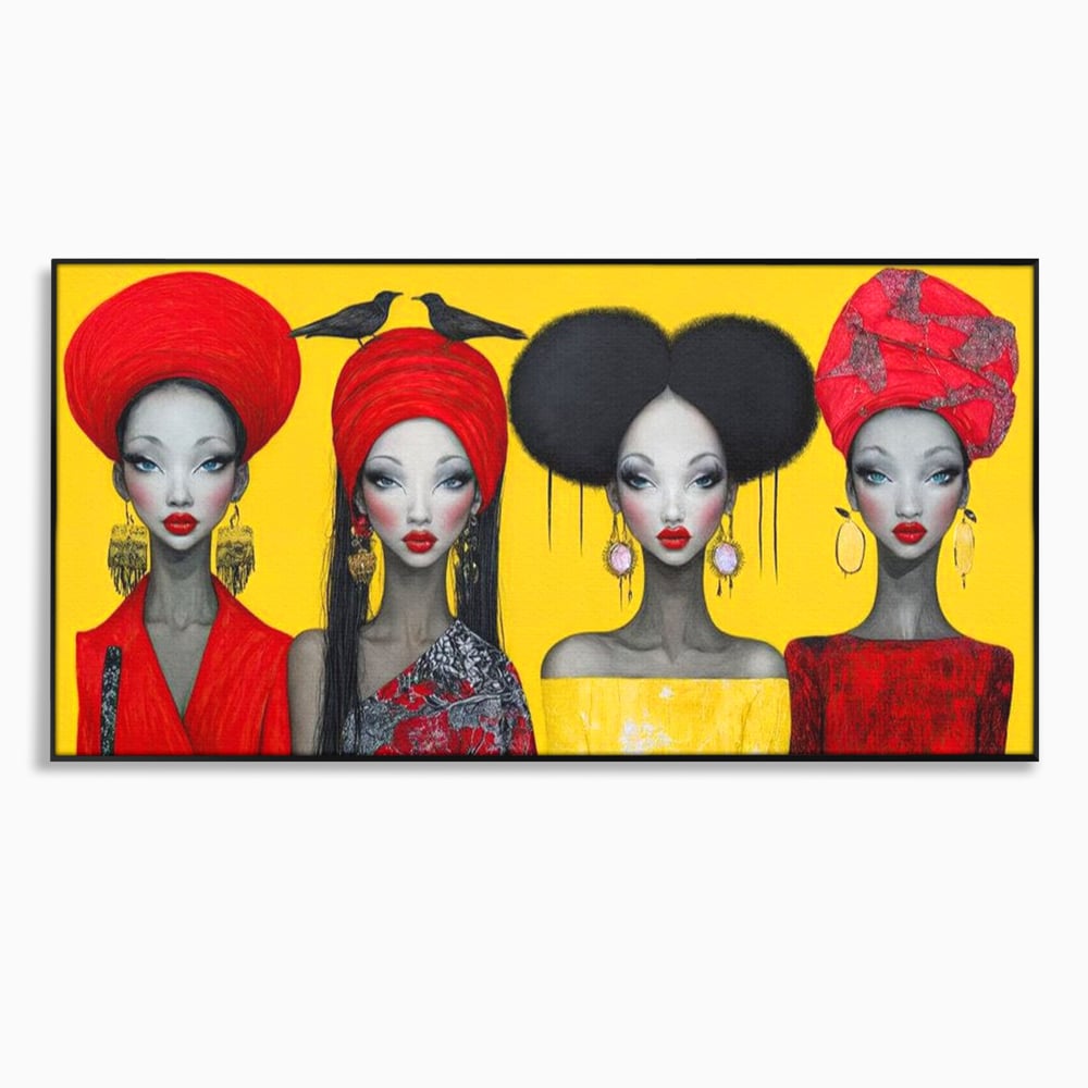Tablou Canvas Premium, LuxCanva® G1135, Patru Regine si un Cantec, Regalitate, Femei, Pasari, Turbane, Zbor, Traditie, Cultura, Identitate, Feminism, Forta, Birou, Living