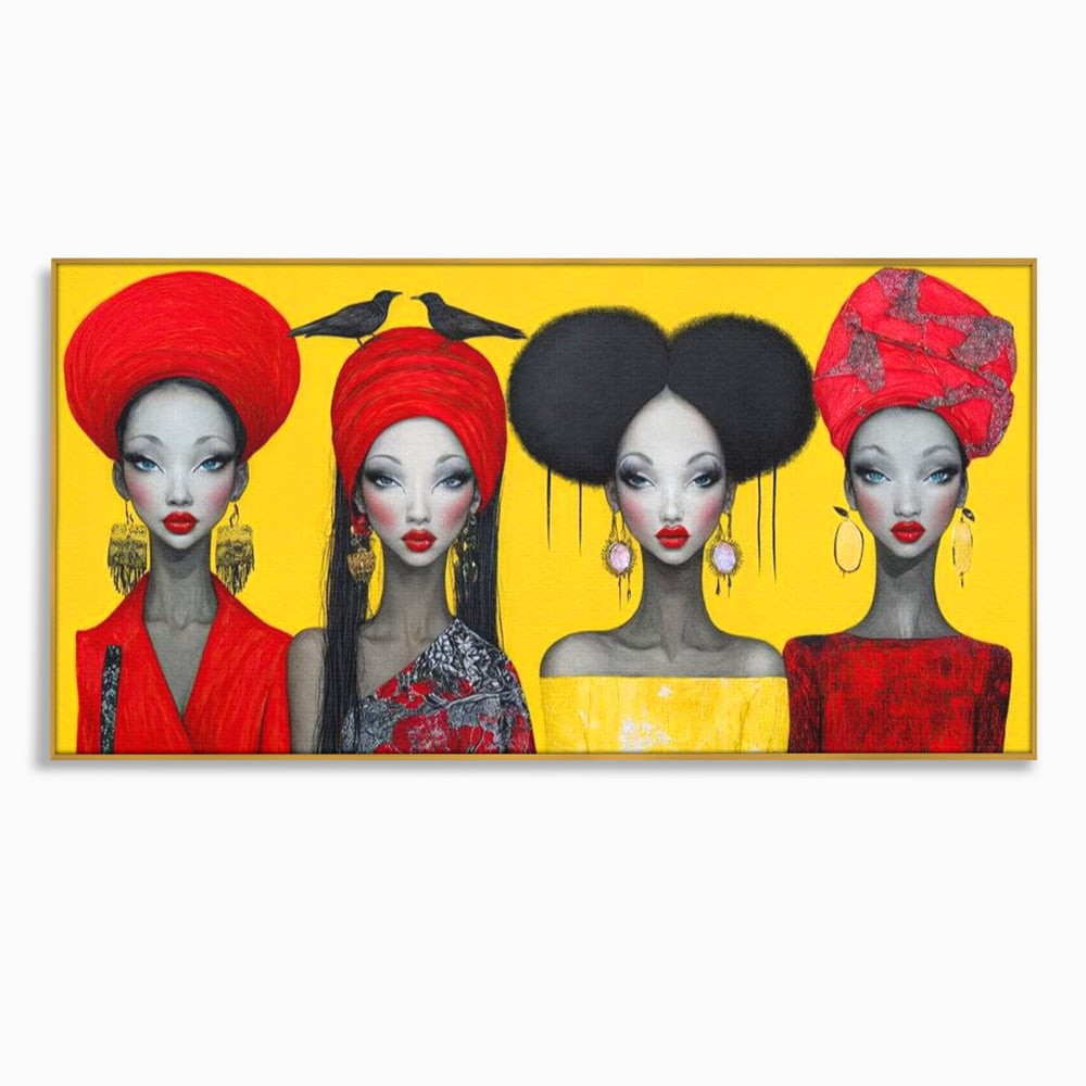 Tablou Canvas Premium, LuxCanva® G1135, Patru Regine si un Cantec, Regalitate, Femei, Pasari, Turbane, Zbor, Traditie, Cultura, Identitate, Feminism, Forta, Birou, Living
