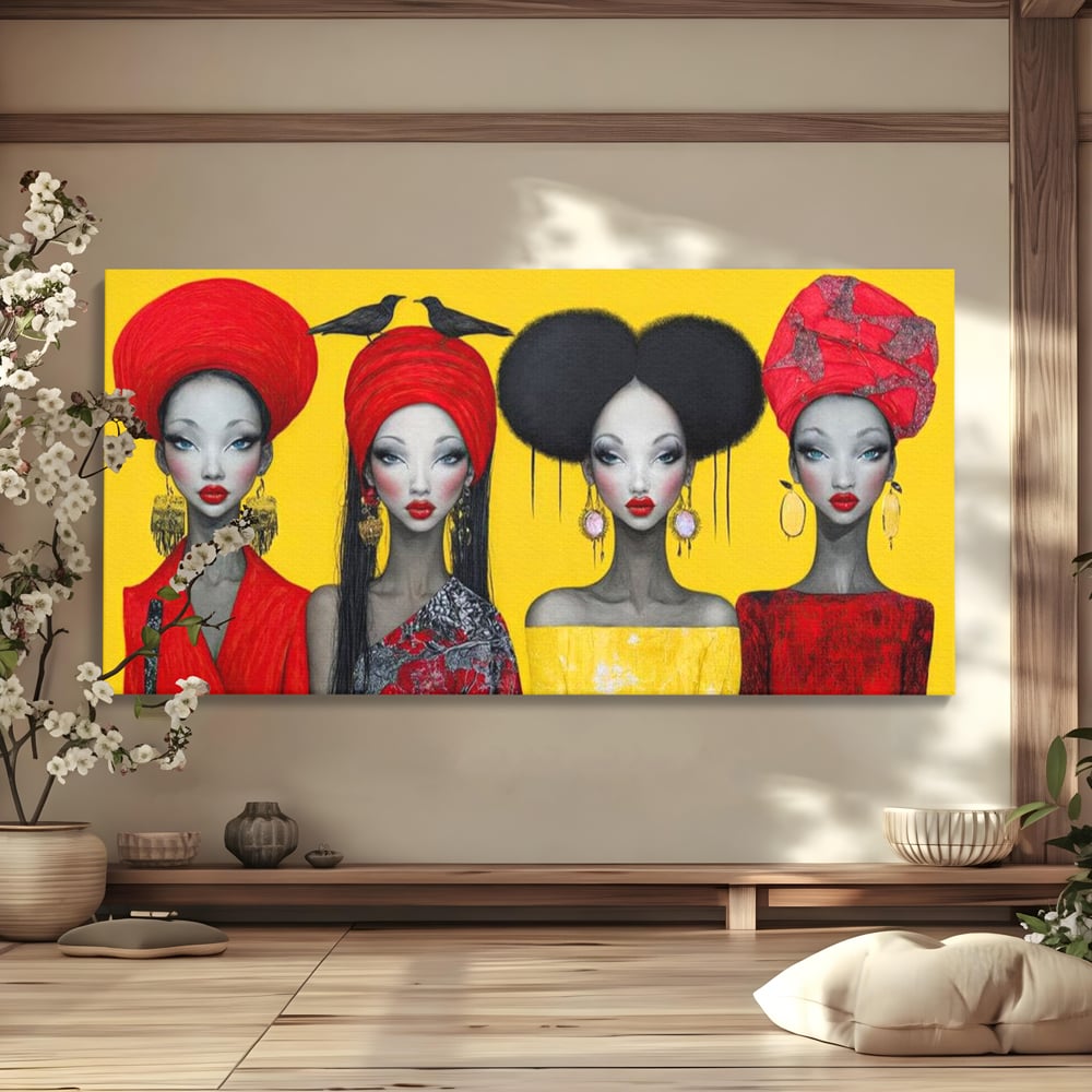 Tablou Canvas Premium, LuxCanva® G1135, Patru Regine si un Cantec, Regalitate, Femei, Pasari, Turbane, Zbor, Traditie, Cultura, Identitate, Feminism, Forta, Birou, Living