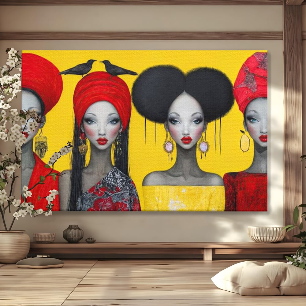 Tablou Canvas Premium, LuxCanva® G1135, Patru Regine si un Cantec, Regalitate, Femei, Pasari, Turbane, Zbor, Traditie, Cultura, Identitate, Feminism, Forta, Birou, Living
