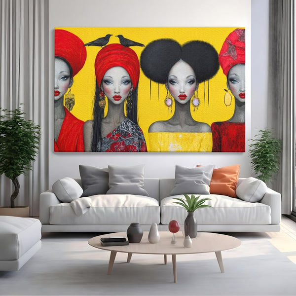 Tablou Canvas Premium, LuxCanva® G1135, Patru Regine si un Cantec, Regalitate, Femei, Pasari, Turbane, Zbor, Traditie, Cultura, Identitate, Feminism, Forta, Birou, Living