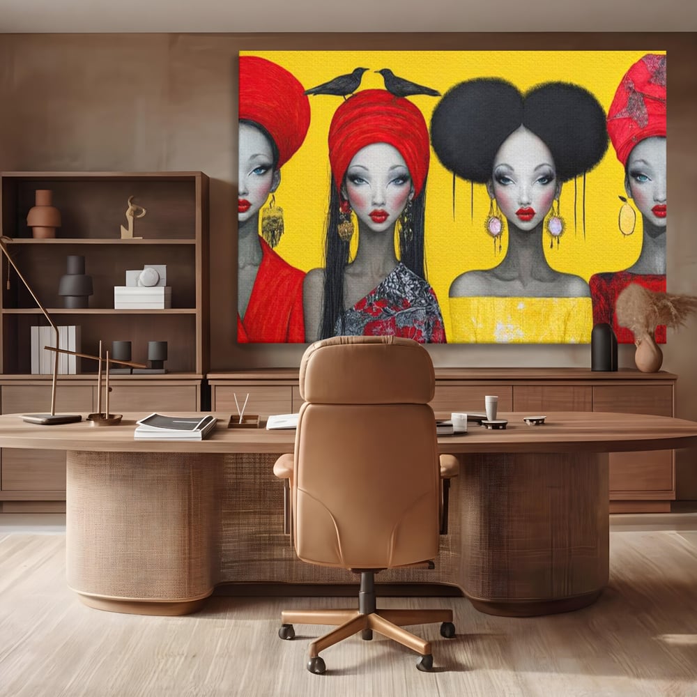 Tablou Canvas Premium, LuxCanva® G1135, Patru Regine si un Cantec, Regalitate, Femei, Pasari, Turbane, Zbor, Traditie, Cultura, Identitate, Feminism, Forta, Birou, Living