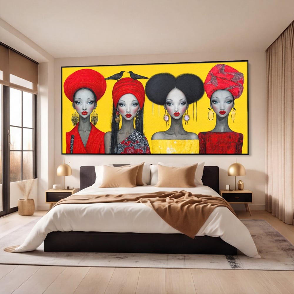 Tablou Canvas Premium, LuxCanva® G1135, Patru Regine si un Cantec, Regalitate, Femei, Pasari, Turbane, Zbor, Traditie, Cultura, Identitate, Feminism, Forta, Birou, Living