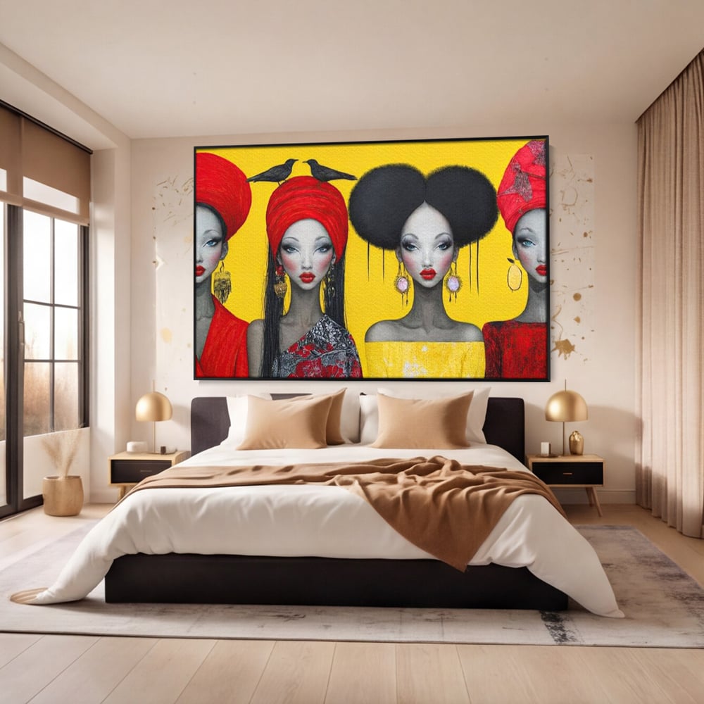Tablou Canvas Premium, LuxCanva® G1135, Patru Regine si un Cantec, Regalitate, Femei, Pasari, Turbane, Zbor, Traditie, Cultura, Identitate, Feminism, Forta, Birou, Living