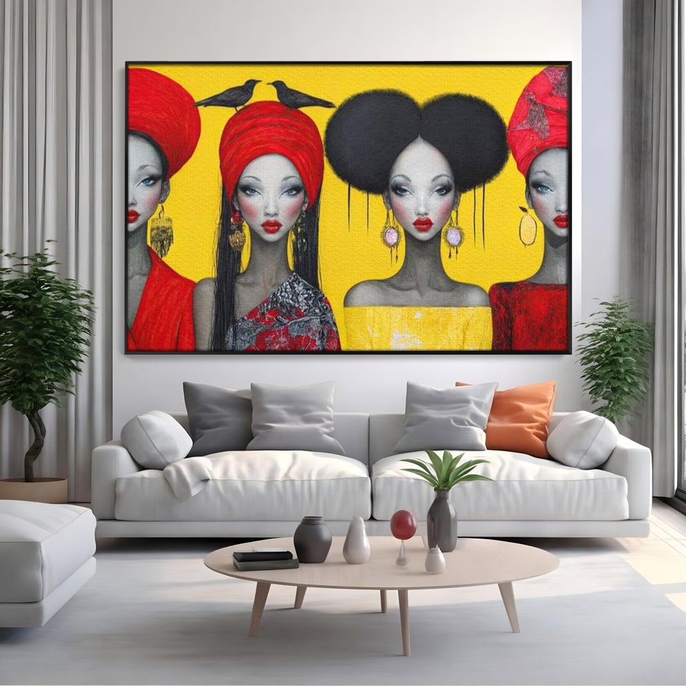 Tablou Canvas Premium, LuxCanva® G1135, Patru Regine si un Cantec, Regalitate, Femei, Pasari, Turbane, Zbor, Traditie, Cultura, Identitate, Feminism, Forta, Birou, Living