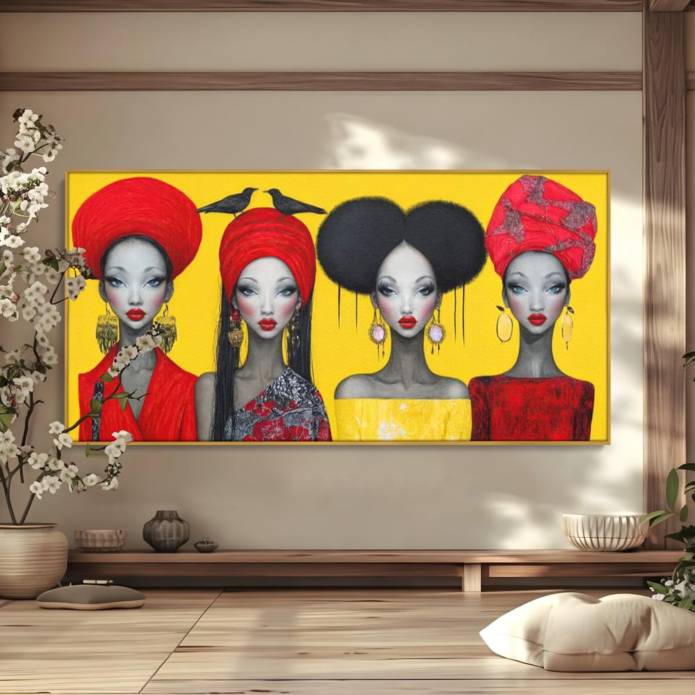 Tablou Canvas Premium, LuxCanva® G1135, Patru Regine si un Cantec, Regalitate, Femei, Pasari, Turbane, Zbor, Traditie, Cultura, Identitate, Feminism, Forta, Birou, Living
