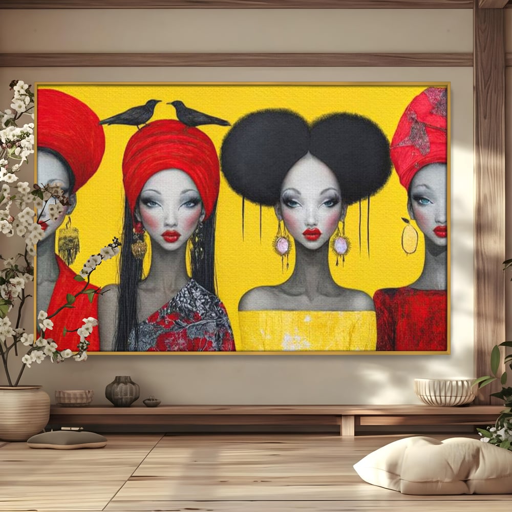 Tablou Canvas Premium, LuxCanva® G1135, Patru Regine si un Cantec, Regalitate, Femei, Pasari, Turbane, Zbor, Traditie, Cultura, Identitate, Feminism, Forta, Birou, Living