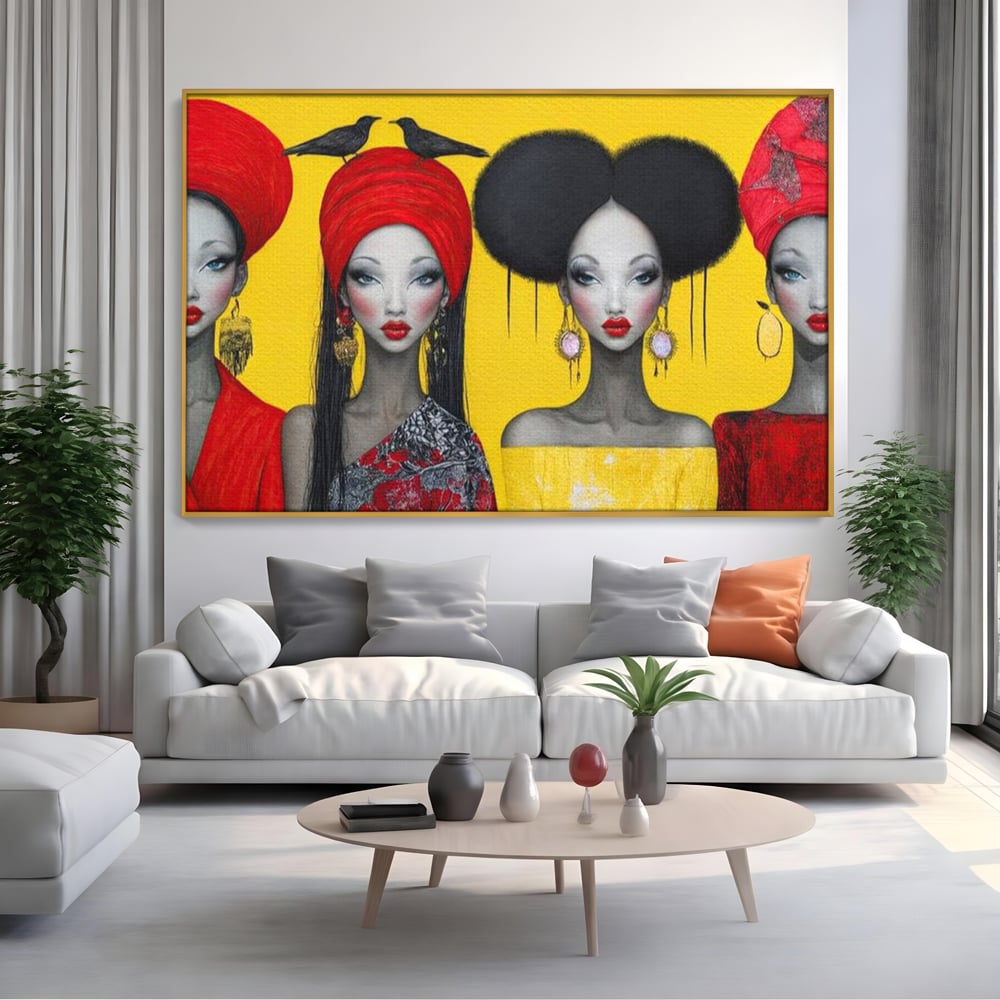 Tablou Canvas Premium, LuxCanva® G1135, Patru Regine si un Cantec, Regalitate, Femei, Pasari, Turbane, Zbor, Traditie, Cultura, Identitate, Feminism, Forta, Birou, Living