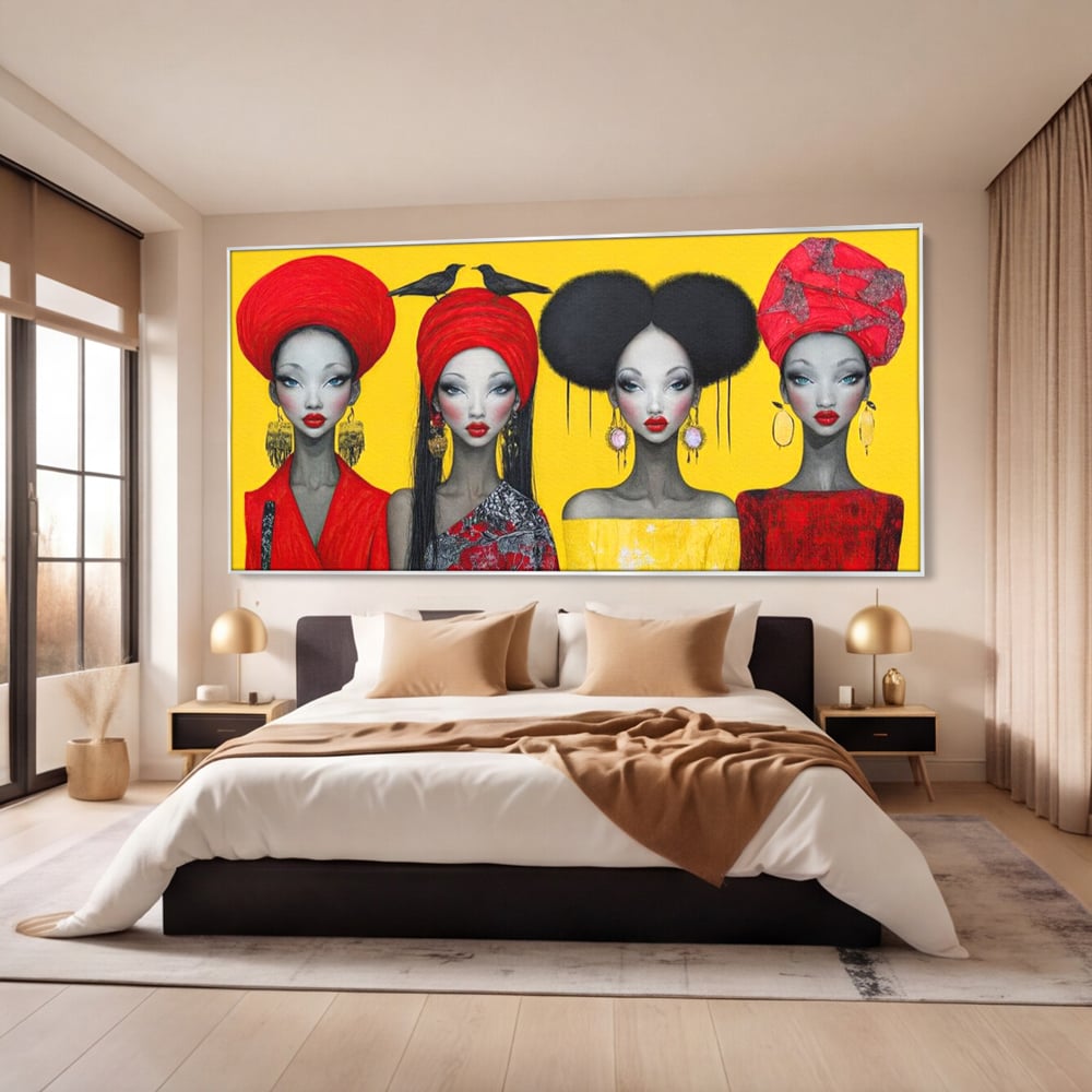 Tablou Canvas Premium, LuxCanva® G1135, Patru Regine si un Cantec, Regalitate, Femei, Pasari, Turbane, Zbor, Traditie, Cultura, Identitate, Feminism, Forta, Birou, Living