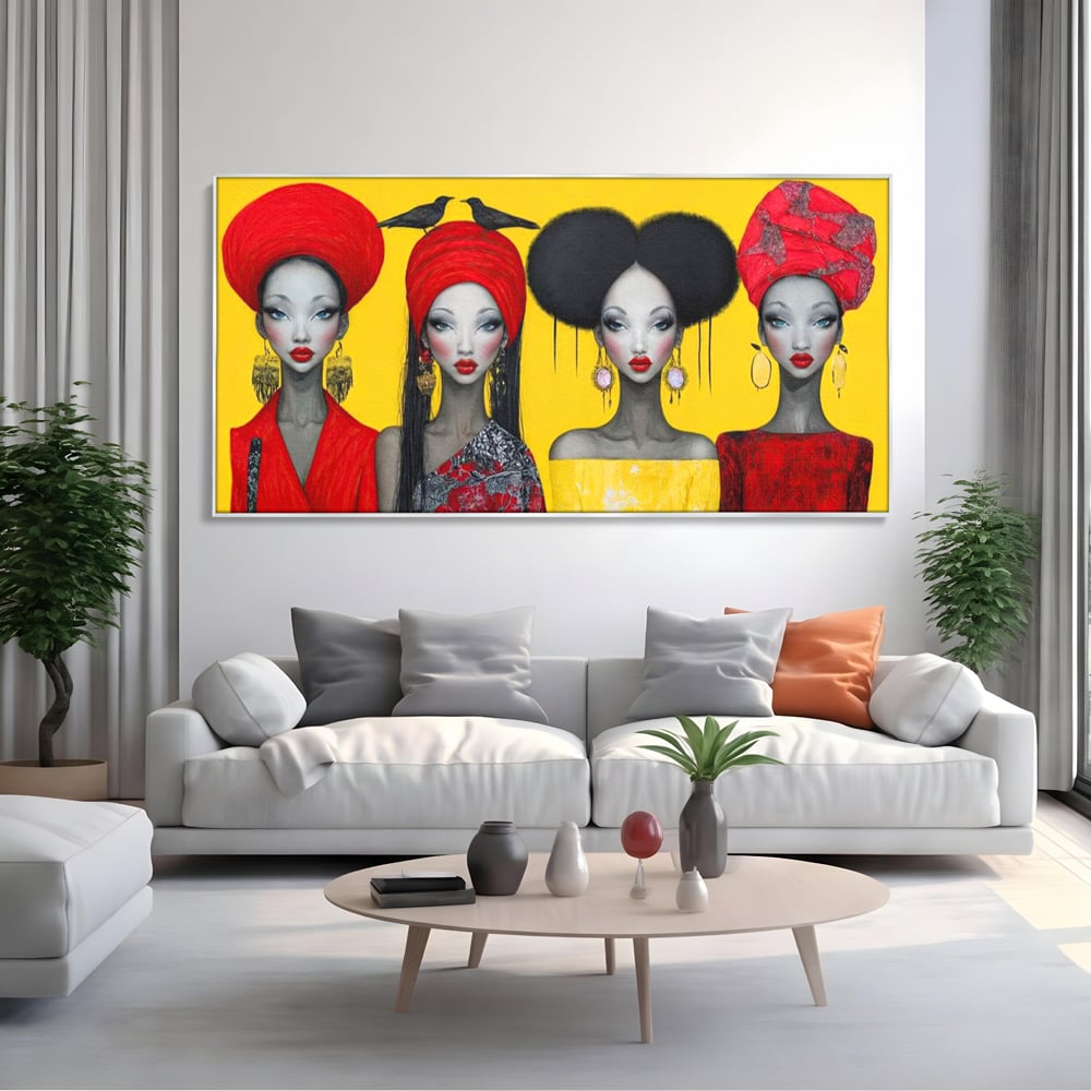 Tablou Canvas Premium, LuxCanva® G1135, Patru Regine si un Cantec, Regalitate, Femei, Pasari, Turbane, Zbor, Traditie, Cultura, Identitate, Feminism, Forta, Birou, Living