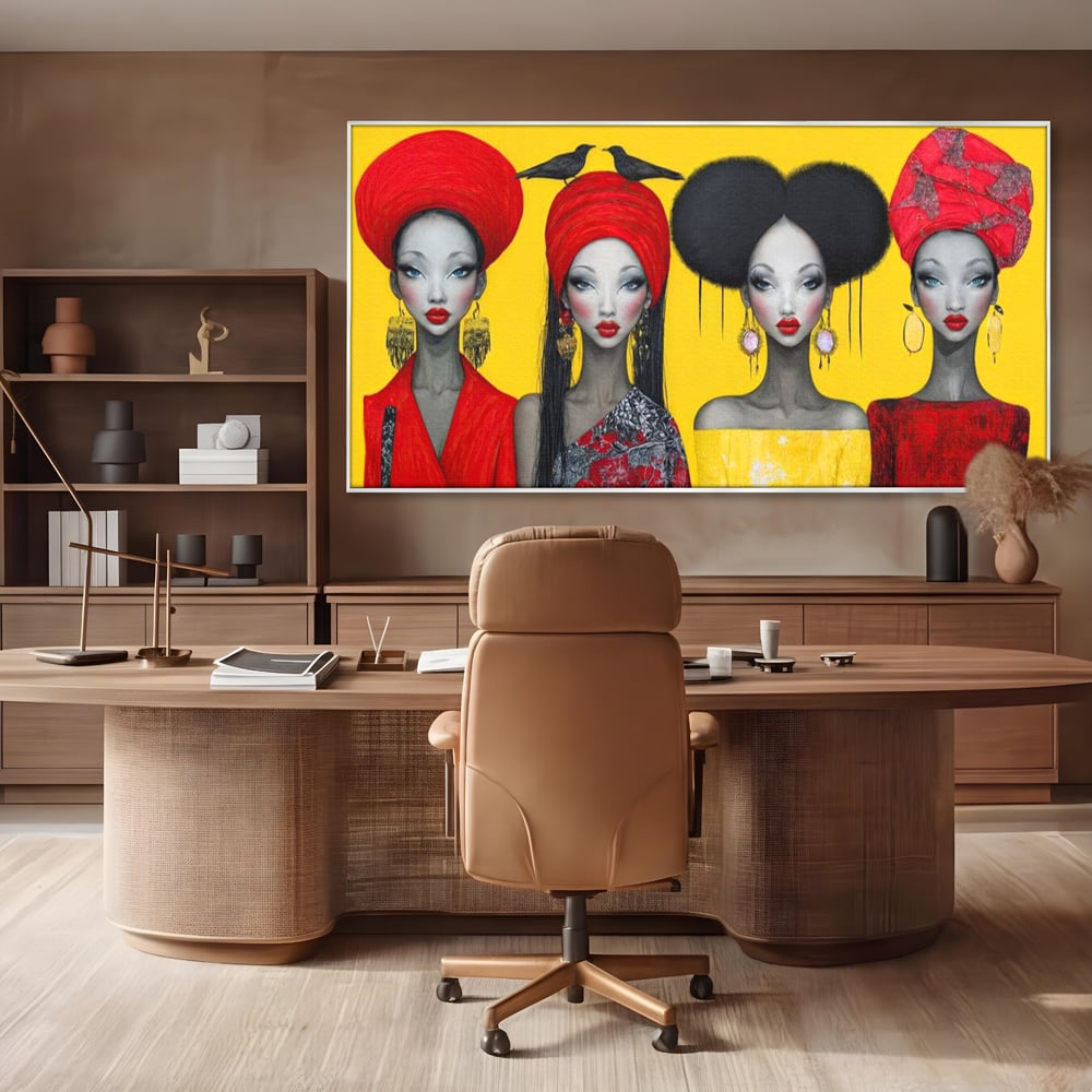 Tablou Canvas Premium, LuxCanva® G1135, Patru Regine si un Cantec, Regalitate, Femei, Pasari, Turbane, Zbor, Traditie, Cultura, Identitate, Feminism, Forta, Birou, Living