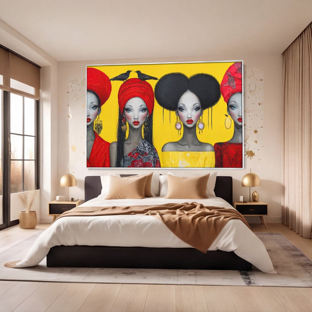 Tablou Canvas Premium, LuxCanva® G1135, Patru Regine si un Cantec, Regalitate, Femei, Pasari, Turbane, Zbor, Traditie, Cultura, Identitate, Feminism, Forta, Birou, Living