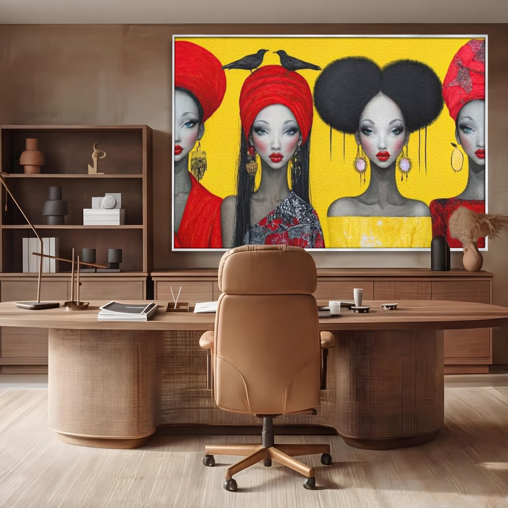 Tablou Canvas Premium, LuxCanva® G1135, Patru Regine si un Cantec, Regalitate, Femei, Pasari, Turbane, Zbor, Traditie, Cultura, Identitate, Feminism, Forta, Birou, Living