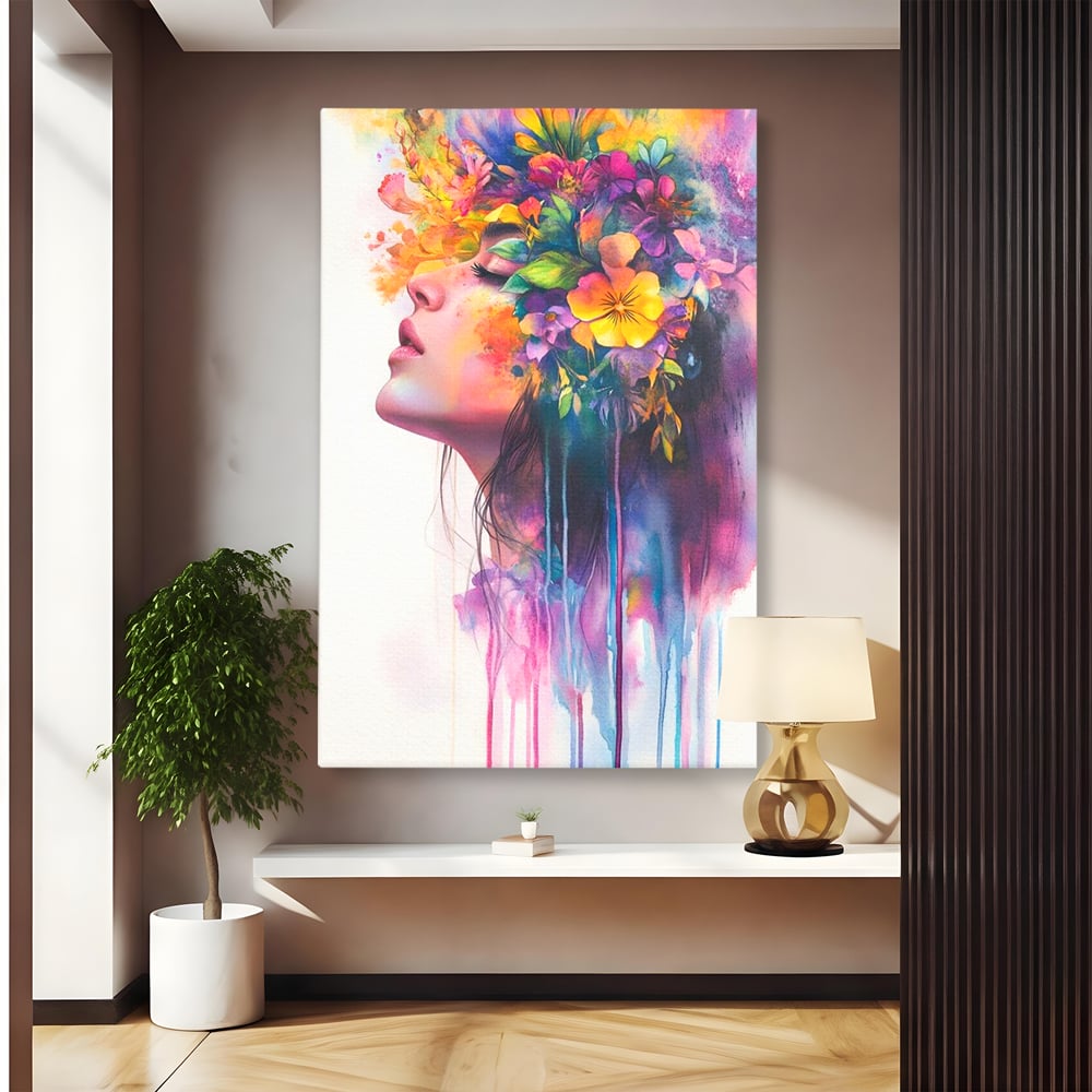 Leinwand Premium Canvas Wall Art, LuxCanva® G1136, Garten der Seele, Weiblich, Blumen, Natur, Prospetime, Kunst, Traum, Träumen, Magie, Farbe, Farbe, Geheimnis, Pastell, Strauß, Profil, Büro, Wohnen