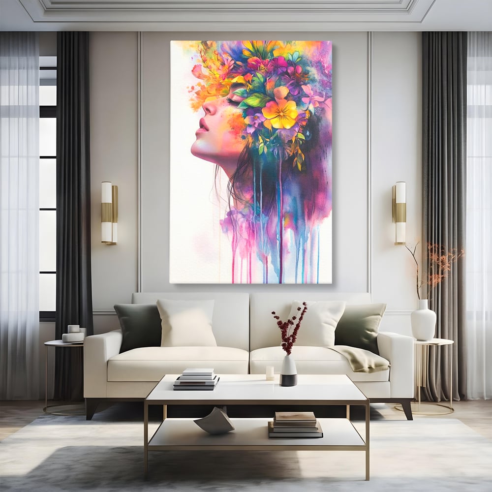 Leinwand Premium Canvas Wall Art, LuxCanva® G1136, Garten der Seele, Weiblich, Blumen, Natur, Prospetime, Kunst, Traum, Träumen, Magie, Farbe, Farbe, Geheimnis, Pastell, Strauß, Profil, Büro, Wohnen