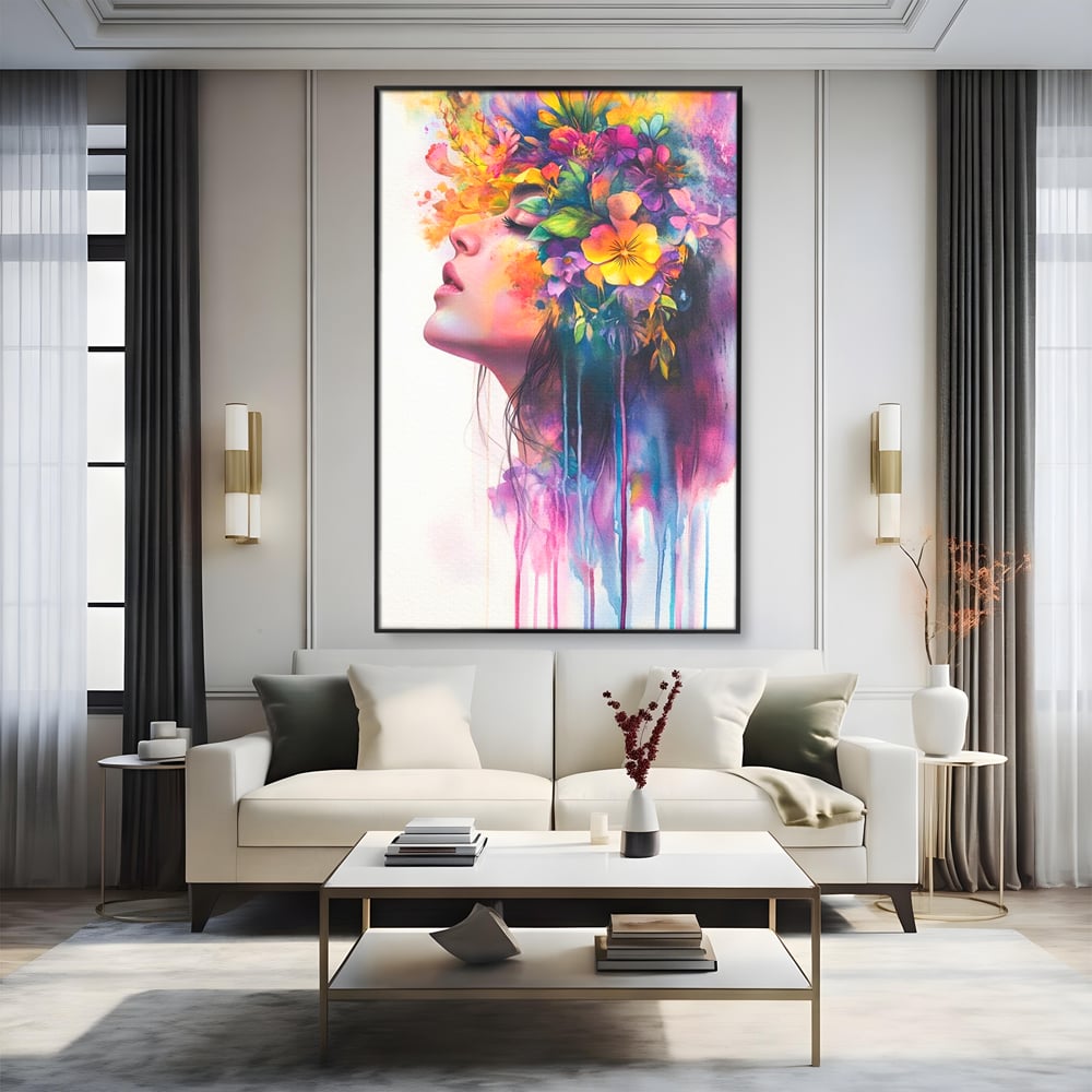 Leinwand Premium Canvas Wall Art, LuxCanva® G1136, Garten der Seele, Weiblich, Blumen, Natur, Prospetime, Kunst, Traum, Träumen, Magie, Farbe, Farbe, Geheimnis, Pastell, Strauß, Profil, Büro, Wohnen