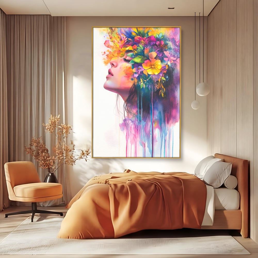 Leinwand Premium Canvas Wall Art, LuxCanva® G1136, Garten der Seele, Weiblich, Blumen, Natur, Prospetime, Kunst, Traum, Träumen, Magie, Farbe, Farbe, Geheimnis, Pastell, Strauß, Profil, Büro, Wohnen