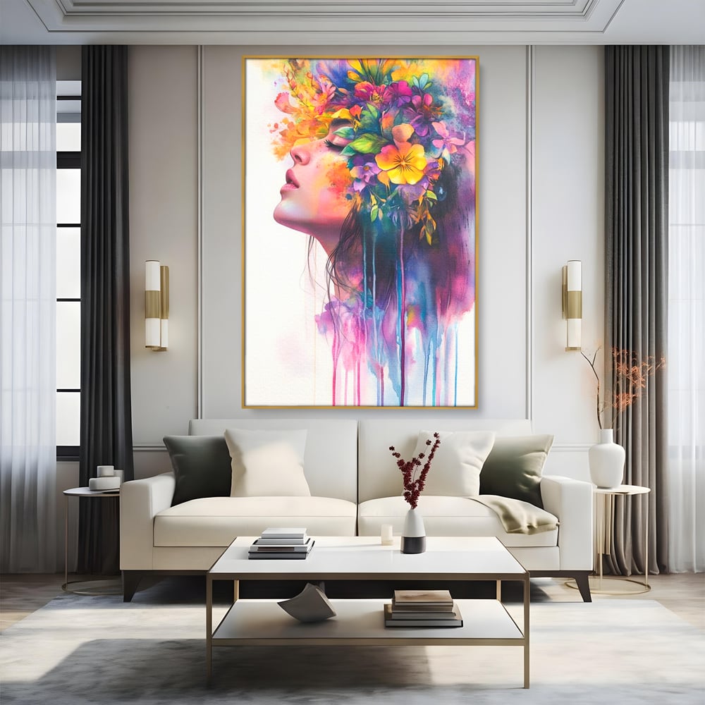 Leinwand Premium Canvas Wall Art, LuxCanva® G1136, Garten der Seele, Weiblich, Blumen, Natur, Prospetime, Kunst, Traum, Träumen, Magie, Farbe, Farbe, Geheimnis, Pastell, Strauß, Profil, Büro, Wohnen