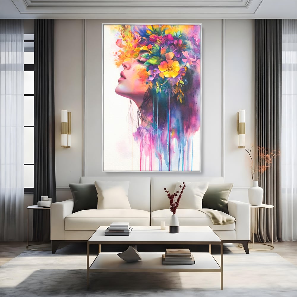 Leinwand Premium Canvas Wall Art, LuxCanva® G1136, Garten der Seele, Weiblich, Blumen, Natur, Prospetime, Kunst, Traum, Träumen, Magie, Farbe, Farbe, Geheimnis, Pastell, Strauß, Profil, Büro, Wohnen