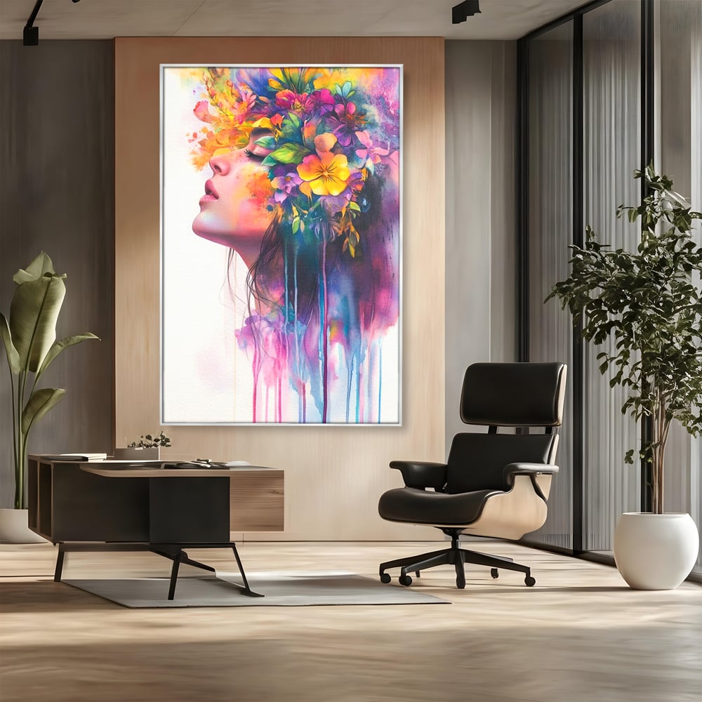 Leinwand Premium Canvas Wall Art, LuxCanva® G1136, Garten der Seele, Weiblich, Blumen, Natur, Prospetime, Kunst, Traum, Träumen, Magie, Farbe, Farbe, Geheimnis, Pastell, Strauß, Profil, Büro, Wohnen