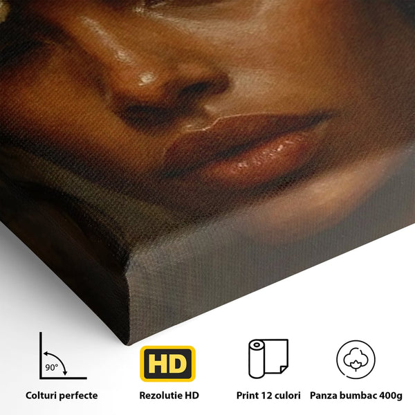Tablou Canvas Premium, LuxCanva® G1138, Ocrotitoarea Petalelor, Zeita, Gratie, Privire, Magie, Frumusete, Misterioasa, Flori, Noblete, Contrast, Bijuterii, Birou, Living