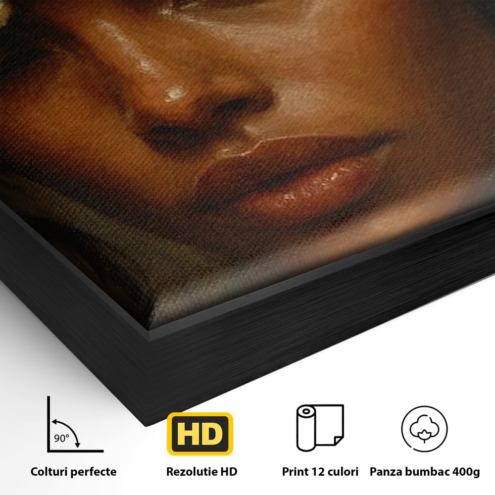 Tablou Canvas Premium, LuxCanva® G1138, Ocrotitoarea Petalelor, Zeita, Gratie, Privire, Magie, Frumusete, Misterioasa, Flori, Noblete, Contrast, Bijuterii, Birou, Living