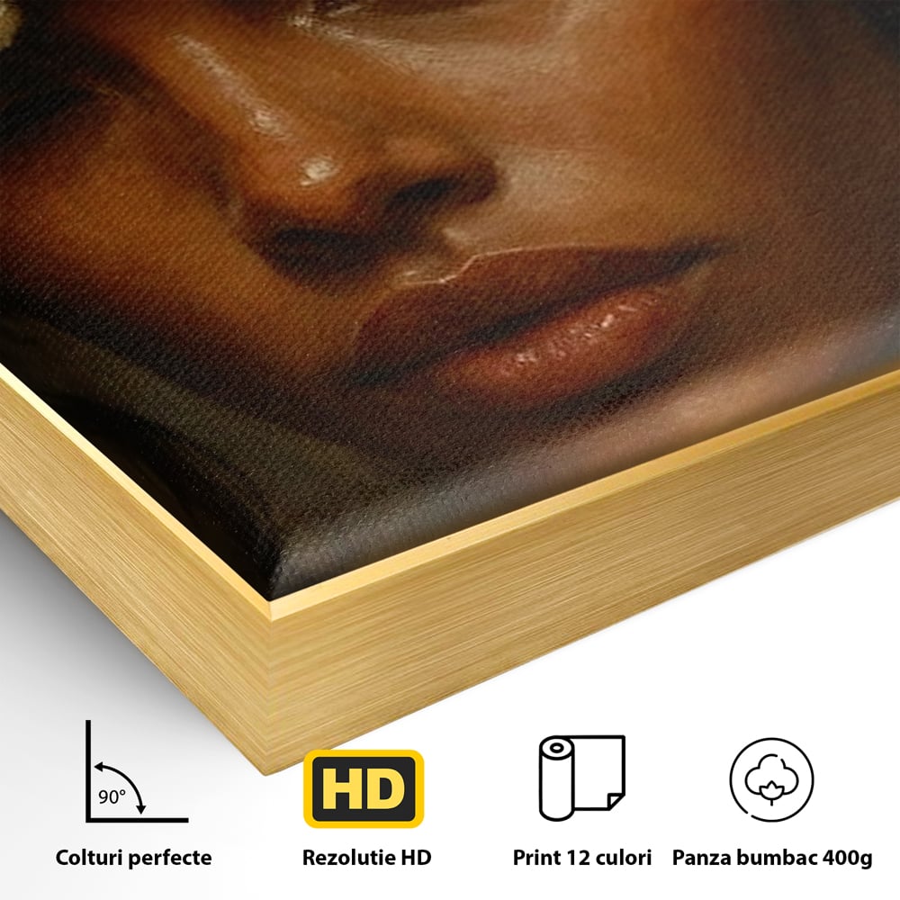 Tablou Canvas Premium, LuxCanva® G1138, Ocrotitoarea Petalelor, Zeita, Gratie, Privire, Magie, Frumusete, Misterioasa, Flori, Noblete, Contrast, Bijuterii, Birou, Living