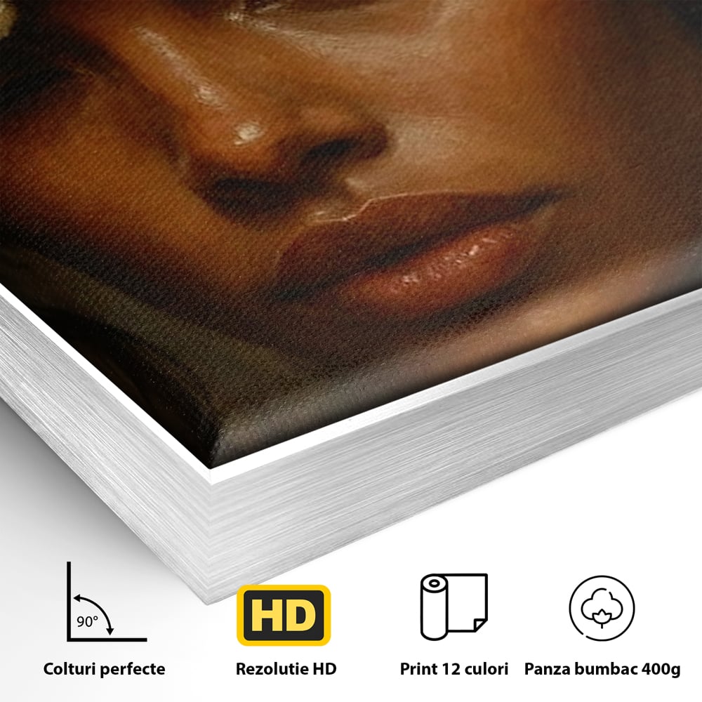 Tablou Canvas Premium, LuxCanva® G1138, Ocrotitoarea Petalelor, Zeita, Gratie, Privire, Magie, Frumusete, Misterioasa, Flori, Noblete, Contrast, Bijuterii, Birou, Living