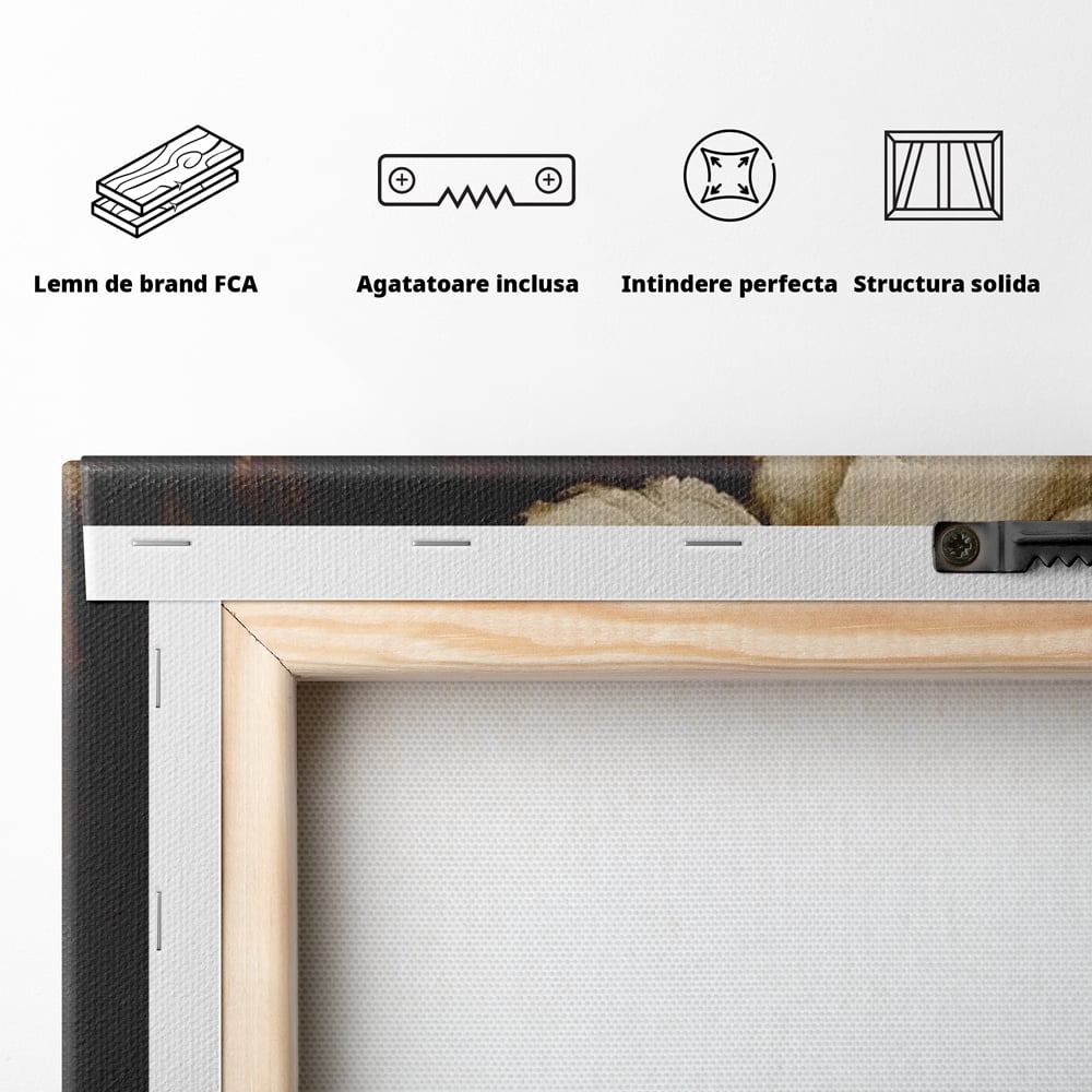 Tablou Canvas Premium, LuxCanva® G1138, Ocrotitoarea Petalelor, Zeita, Gratie, Privire, Magie, Frumusete, Misterioasa, Flori, Noblete, Contrast, Bijuterii, Birou, Living