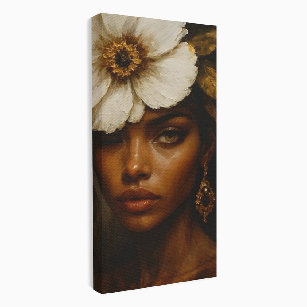 Tablou Canvas Premium, LuxCanva® G1138, Ocrotitoarea Petalelor, Zeita, Gratie, Privire, Magie, Frumusete, Misterioasa, Flori, Noblete, Contrast, Bijuterii, Birou, Living