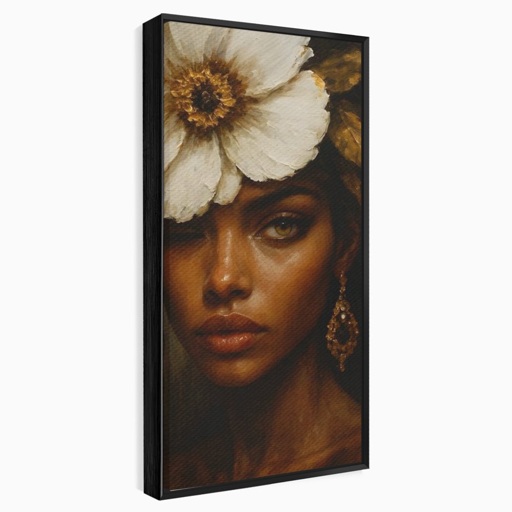 Tablou Canvas Premium, LuxCanva® G1138, Ocrotitoarea Petalelor, Zeita, Gratie, Privire, Magie, Frumusete, Misterioasa, Flori, Noblete, Contrast, Bijuterii, Birou, Living