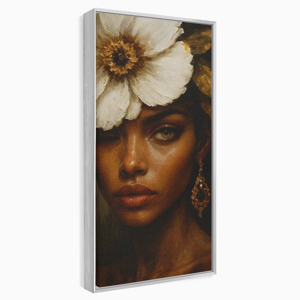 Tablou Canvas Premium, LuxCanva® G1138, Ocrotitoarea Petalelor, Zeita, Gratie, Privire, Magie, Frumusete, Misterioasa, Flori, Noblete, Contrast, Bijuterii, Birou, Living