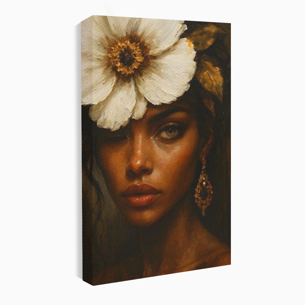 Tablou Canvas Premium, LuxCanva® G1138, Ocrotitoarea Petalelor, Zeita, Gratie, Privire, Magie, Frumusete, Misterioasa, Flori, Noblete, Contrast, Bijuterii, Birou, Living