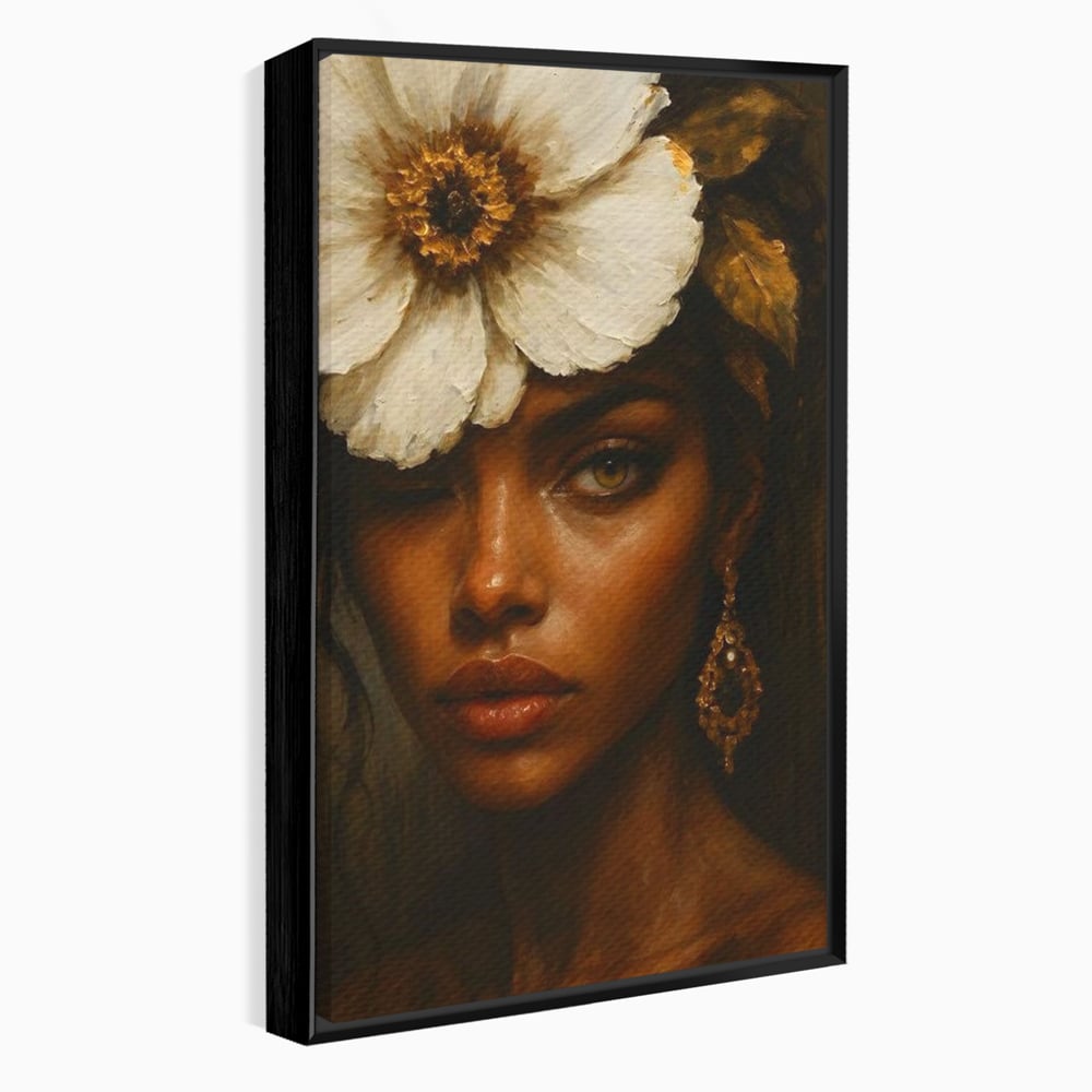 Tablou Canvas Premium, LuxCanva® G1138, Ocrotitoarea Petalelor, Zeita, Gratie, Privire, Magie, Frumusete, Misterioasa, Flori, Noblete, Contrast, Bijuterii, Birou, Living