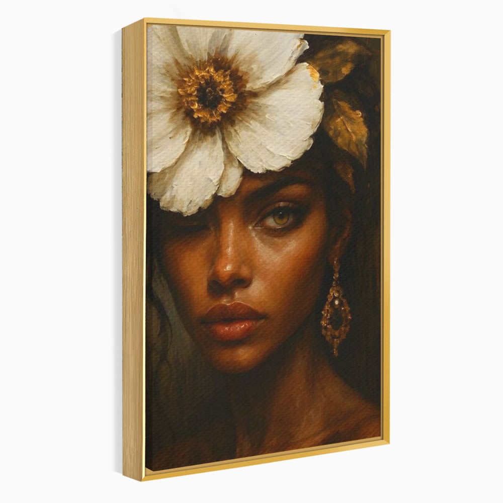 Tablou Canvas Premium, LuxCanva® G1138, Ocrotitoarea Petalelor, Zeita, Gratie, Privire, Magie, Frumusete, Misterioasa, Flori, Noblete, Contrast, Bijuterii, Birou, Living
