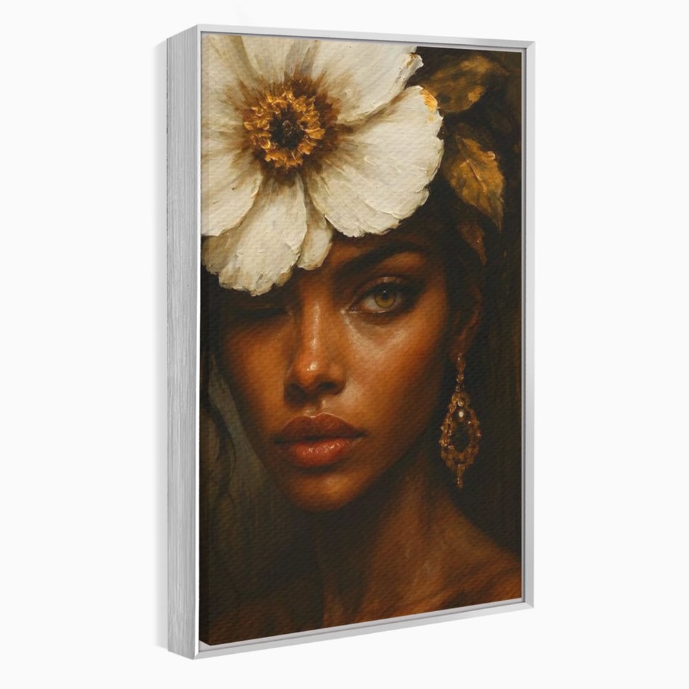 Tablou Canvas Premium, LuxCanva® G1138, Ocrotitoarea Petalelor, Zeita, Gratie, Privire, Magie, Frumusete, Misterioasa, Flori, Noblete, Contrast, Bijuterii, Birou, Living