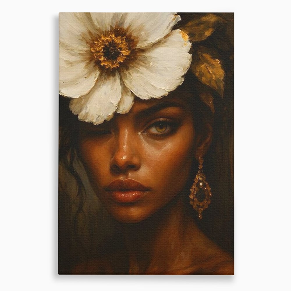 Tablou Canvas Premium, LuxCanva® G1138, Ocrotitoarea Petalelor, Zeita, Gratie, Privire, Magie, Frumusete, Misterioasa, Flori, Noblete, Contrast, Bijuterii, Birou, Living