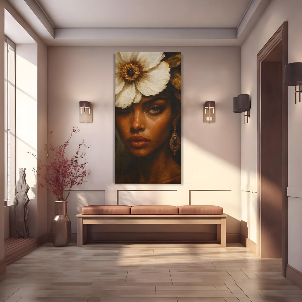 Tablou Canvas Premium, LuxCanva® G1138, Ocrotitoarea Petalelor, Zeita, Gratie, Privire, Magie, Frumusete, Misterioasa, Flori, Noblete, Contrast, Bijuterii, Birou, Living