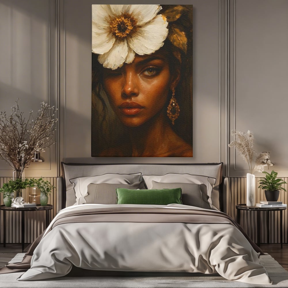 Tablou Canvas Premium, LuxCanva® G1138, Ocrotitoarea Petalelor, Zeita, Gratie, Privire, Magie, Frumusete, Misterioasa, Flori, Noblete, Contrast, Bijuterii, Birou, Living